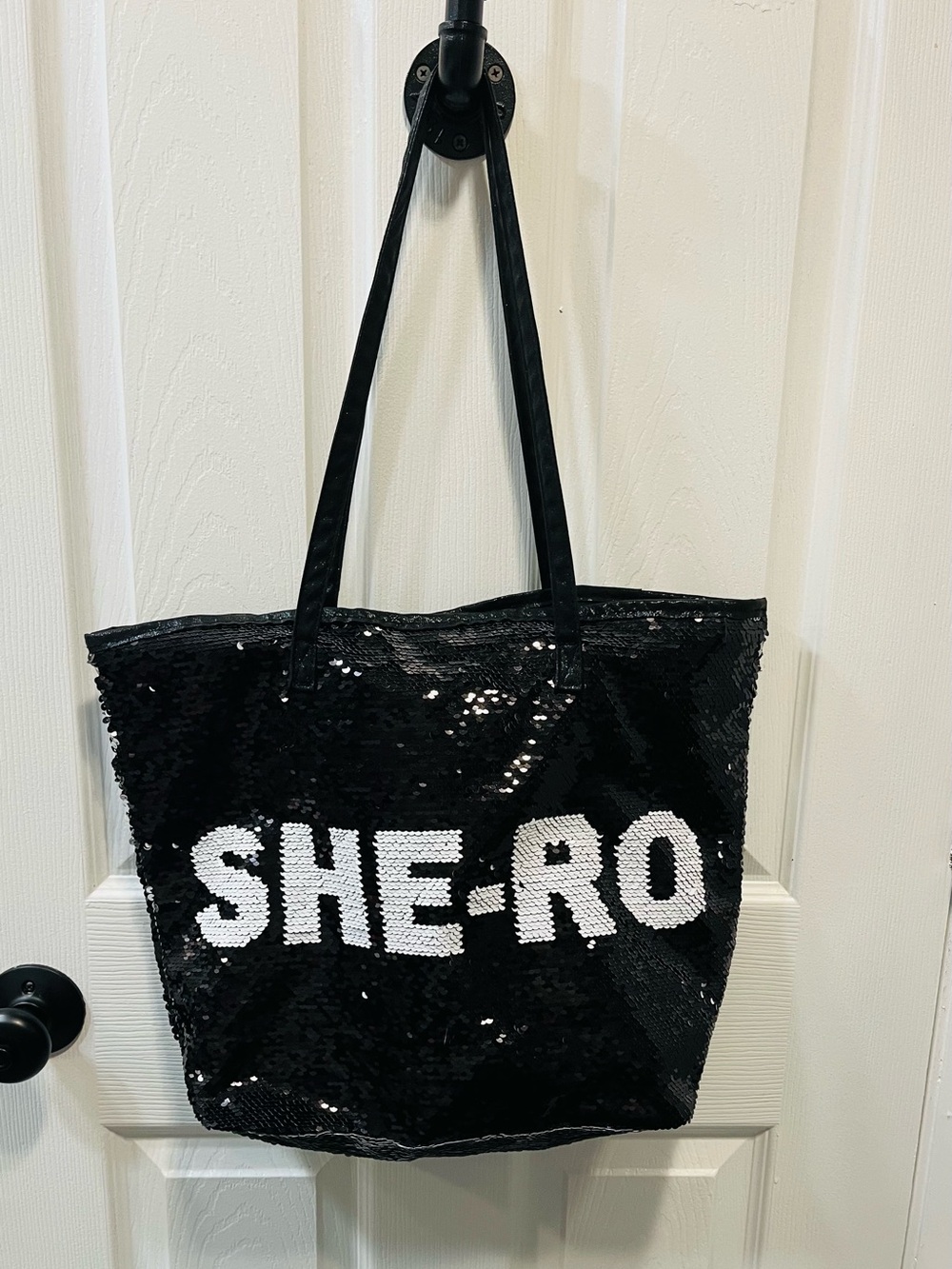 Hallmark White/Black Sequin 'SHE-RO' Tote Bag